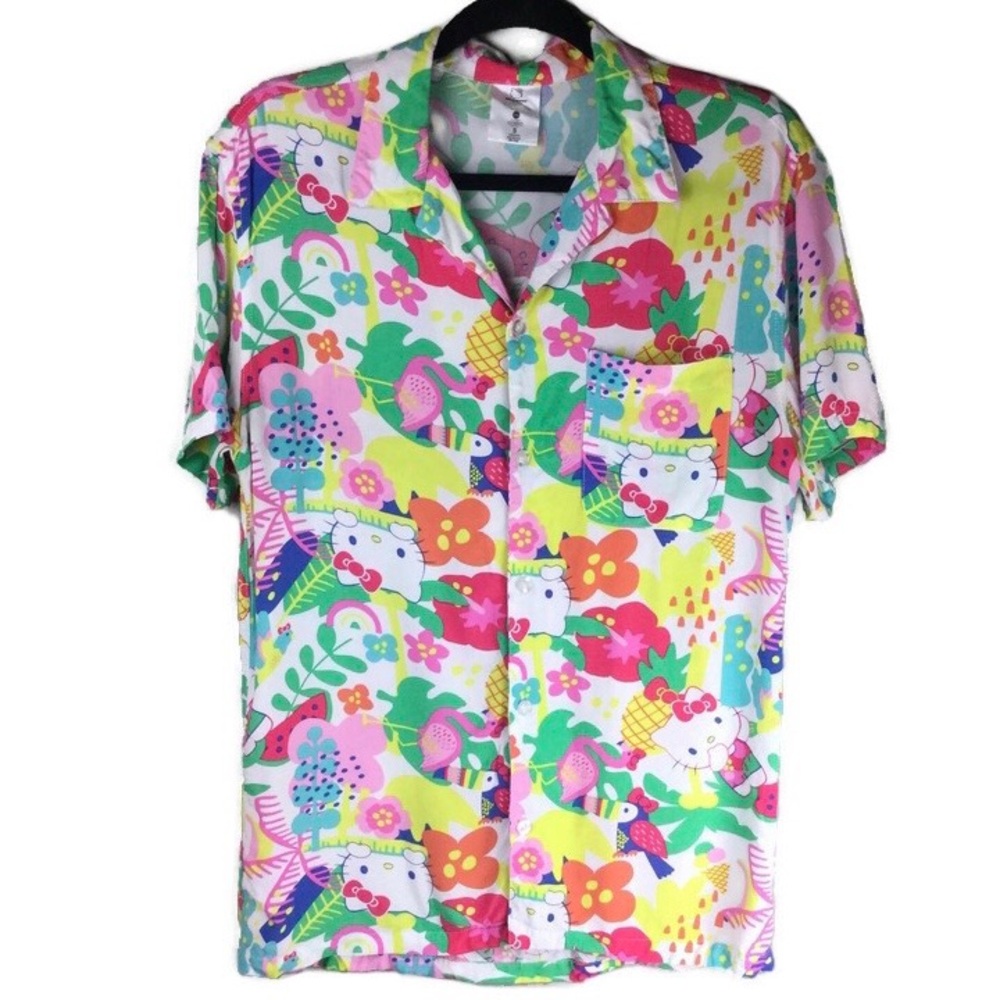 Hello Kitty Sanrio Hybrid Apparel Colorful Tropical Button Front Hawaiian Shirt
